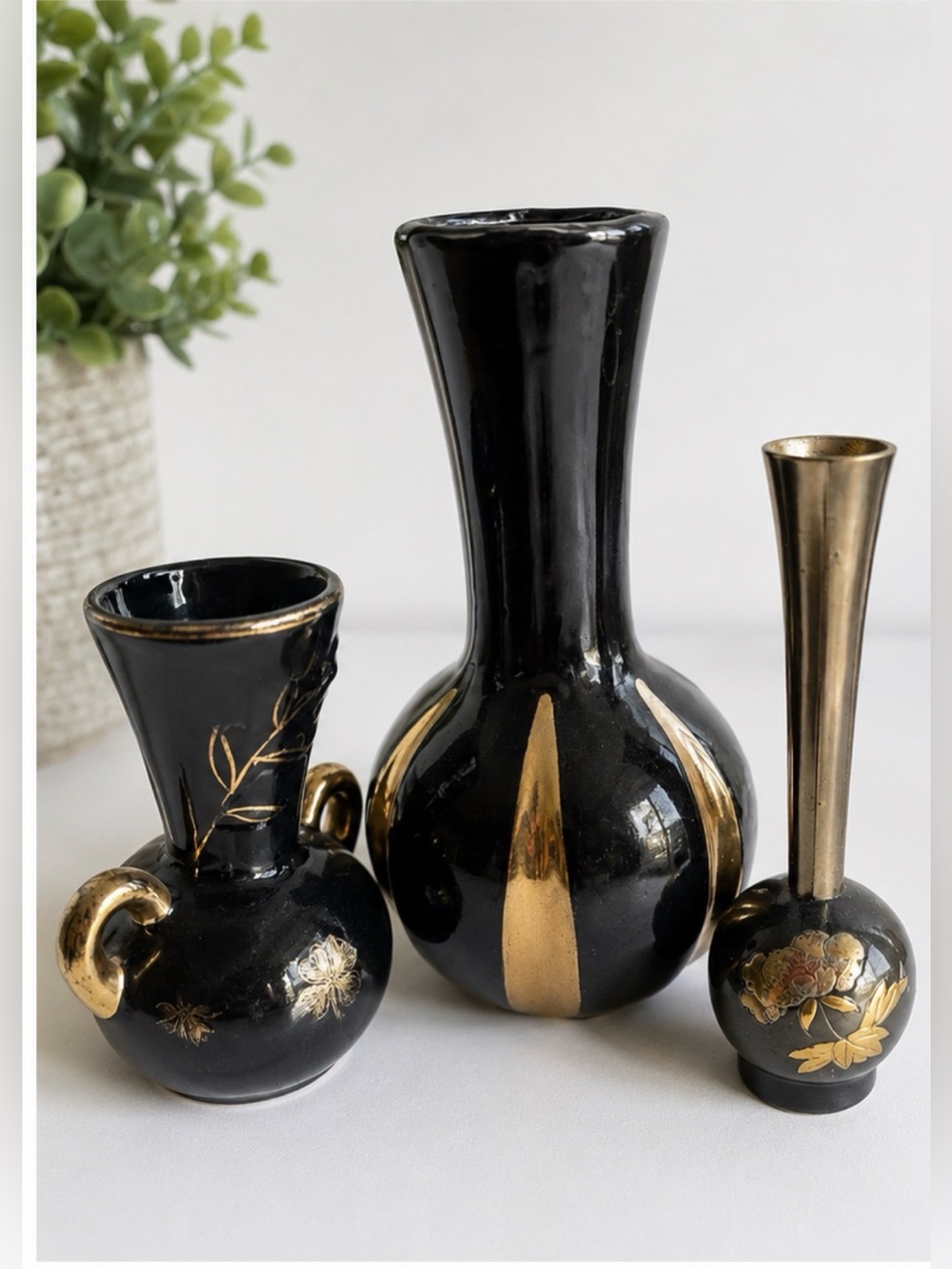 Vintage Black & Gold Vase Bundle | Mid Century Ceramic Bud Vases Set of 3